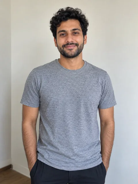 One man in a gray T-shirt, photographed from the waist up in soft daylight.