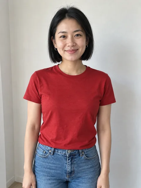 One woman with a black bob and a red T-shirt against a plain wall.