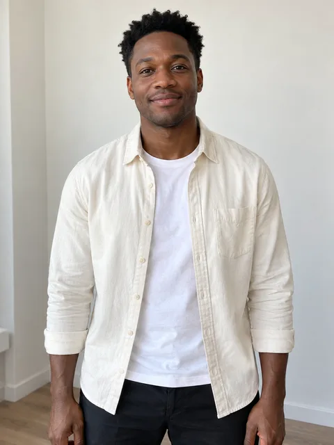 One man wearing a cream overshirt, with his head and upper body visible.
