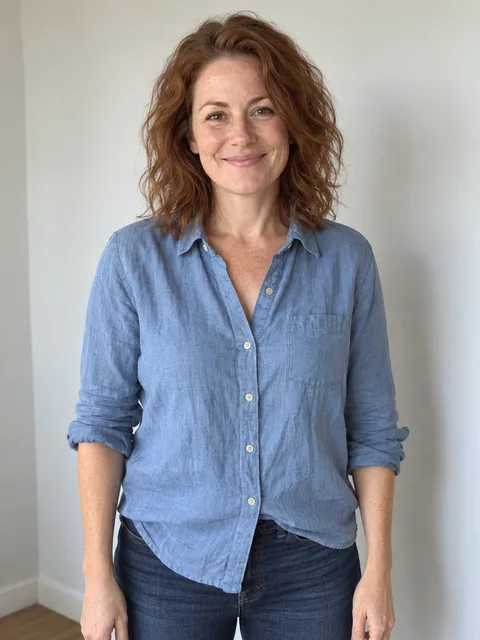 One woman in a blue linen shirt facing the camera against a plain background.