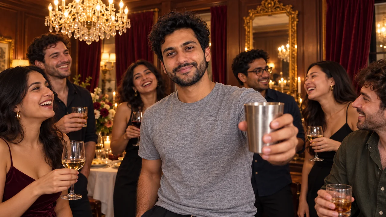 The same man smiling and raising a silver cup toward the camera, with friends behind him.