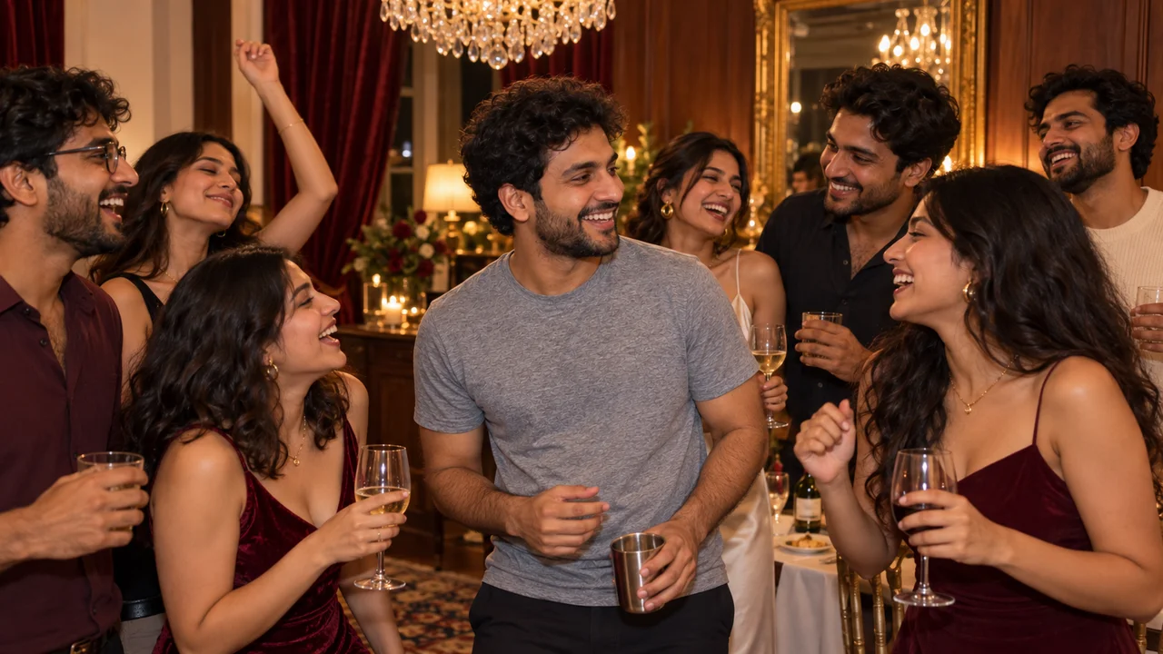 The man turning to laugh with friends beneath a chandelier in a burgundy-curtained dining room.