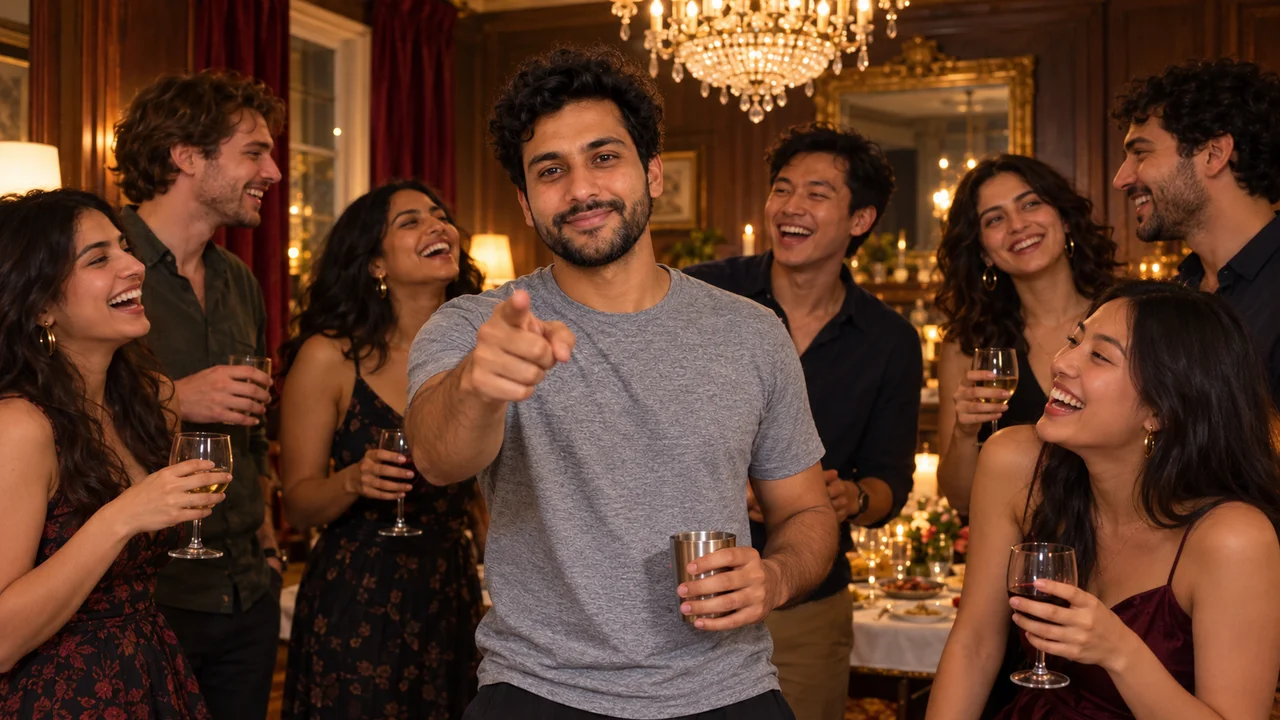The man in a gray T-shirt pointing toward the camera at an evening house party.