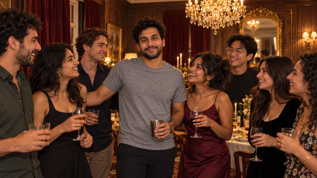 A man in a gray T-shirt with friends in a warm dining room beneath a crystal chandelier.